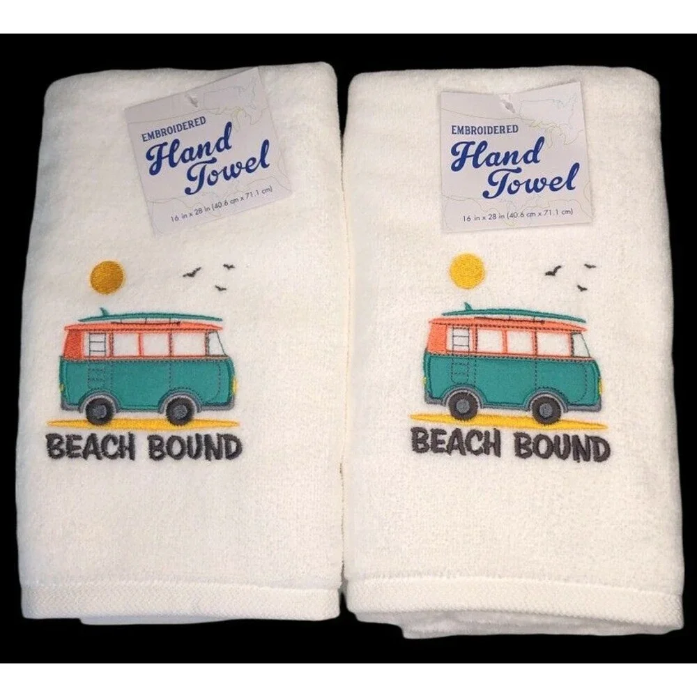 Hippie Bus Hand Towels Set of 2 Embroidered Summer Beach Bound Surfboard White
